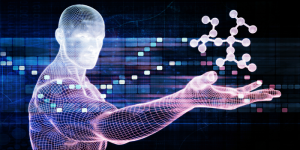 A futuristic illustration of a human figure holding a molecular structure, symbolizing advancements in health sciences.