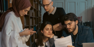 A group of international students studying together in a library in Istanbul.