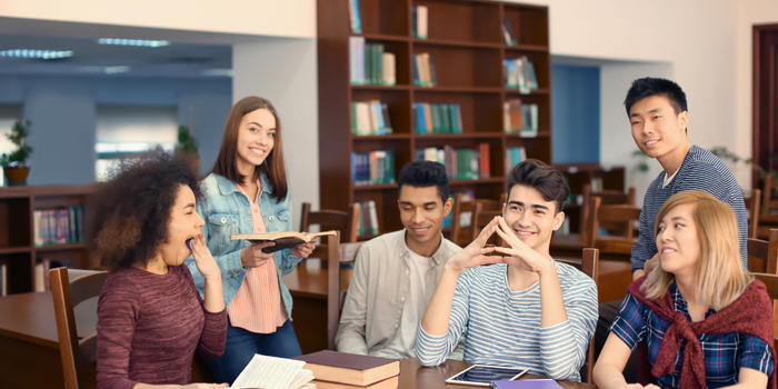 Group of international students preparing for the Turkish language prep year in a library setting.